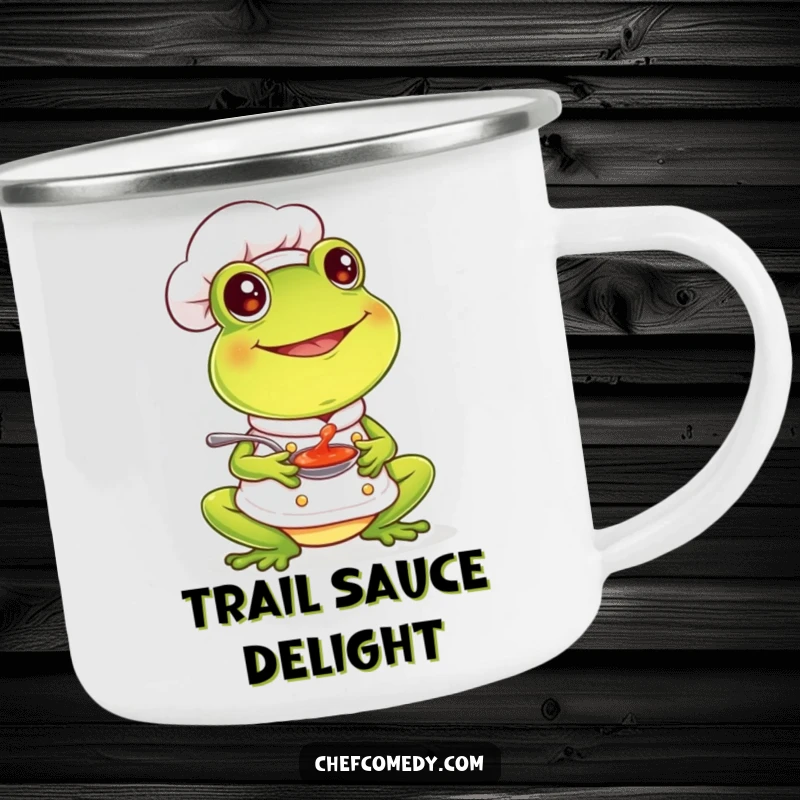 Funny frog chef tasting sauce with a smile on a durable enamel camping mug, for outdoor culinary joy.
