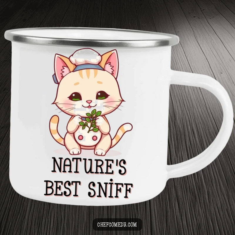 Funny Kawaii Cat Chef Camp Mug, a happy cartoon cat sniffing herbs, durable and humorous for any outdoor excursion.