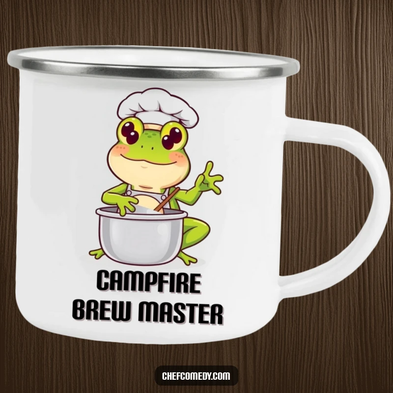 Funny Kawaii Frog Chef Camping Mug: A cute frog chef stirs a pot, ideal for enjoying beverages during outdoor cooking adventures with a smile.