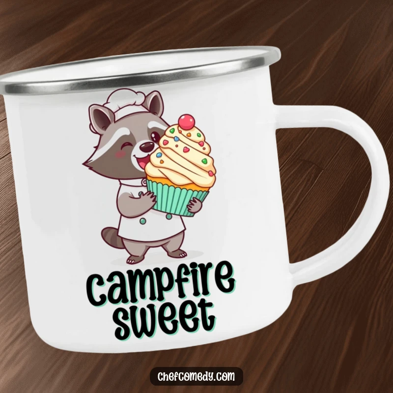 Funny kawaii raccoon chef camping mug, a proud raccoon presenting a giant decorated cupcake with a flourish, ideal for outdoor treats.