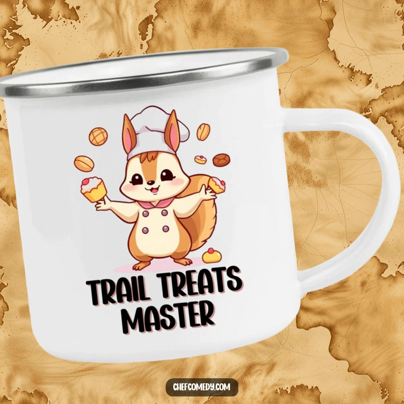 Funny Kawaii Squirrel Chef Camping Mug: A cute kawaii squirrel chef humorously juggles miniature pastries, ideal for outdoor enthusiasts and coffee lovers.