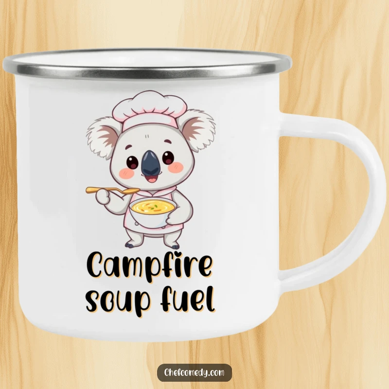 Funny Koala Chef Camping Mug: A durable mug featuring a smiling koala chef with a tiny soup spoon, perfect for outdoor adventures.