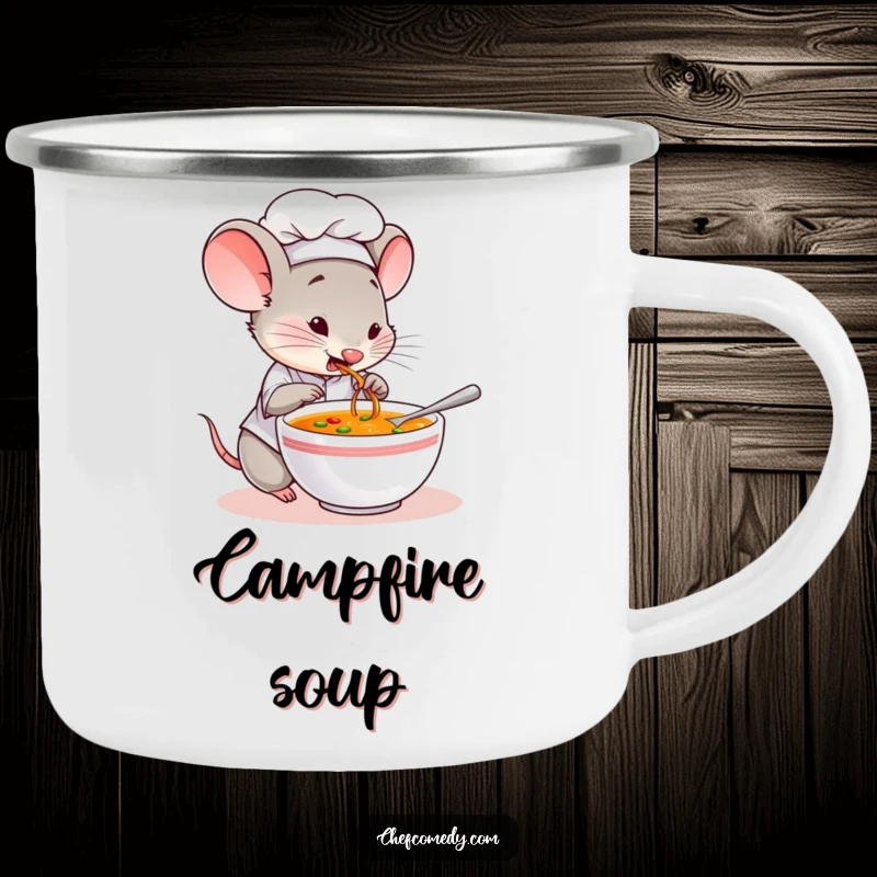 Funny camping mug showing a mouse chef character curiously tasting soup, bringing outdoor culinary fun and charm.