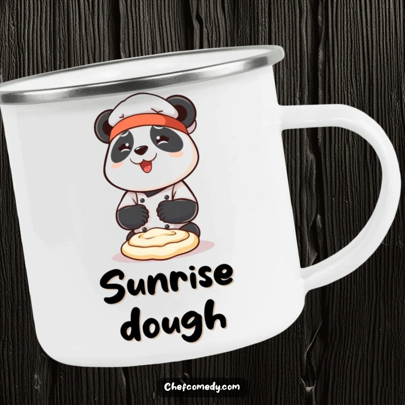 Funny panda chef character enthusiastically kneading dough with both paws on a durable camping mug, for campers.