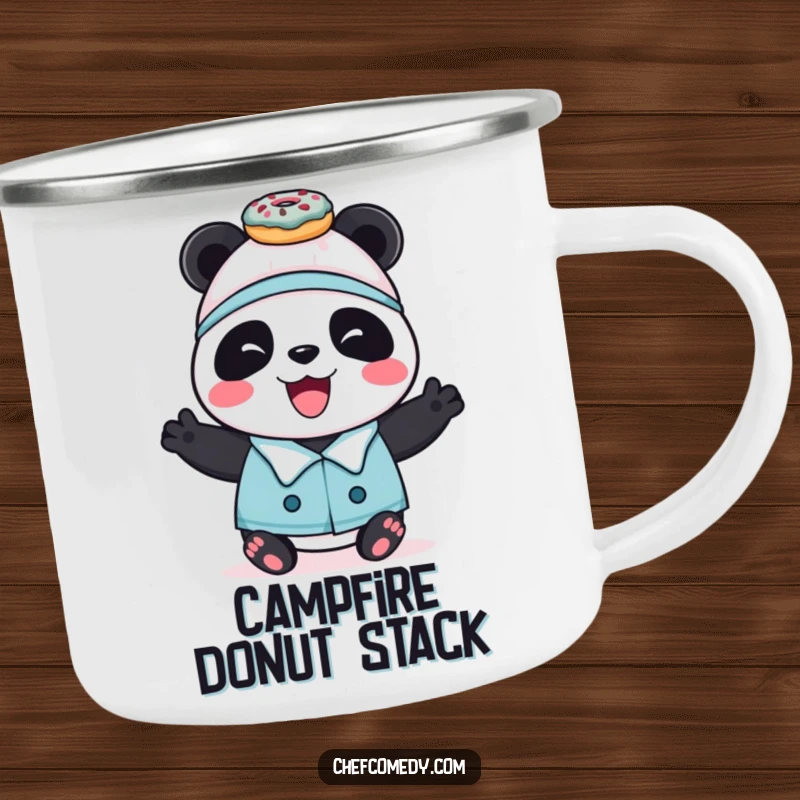Funny panda chef balancing donuts on a durable enamel camping mug, ready for outdoor sweet treats.
