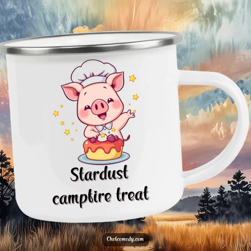 Funny Pig Chef Camping Mug: A durable mug featuring a happy pig chef excitedly sprinkling stars onto a dessert.
