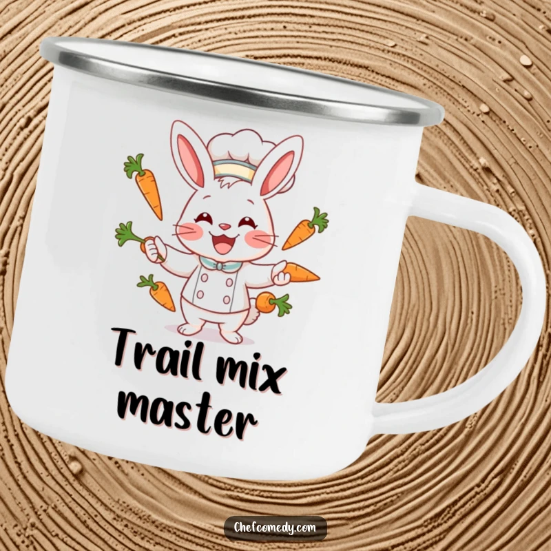 Funny rabbit chef character juggling carrots with a wide smile on a durable camping mug, for campers.