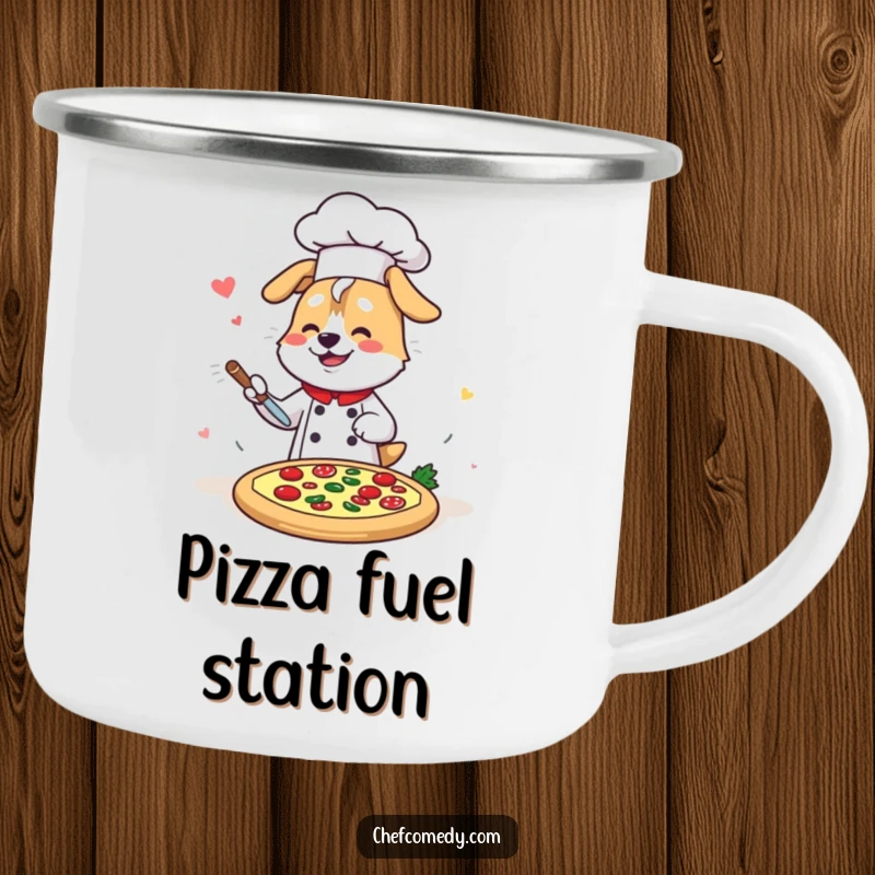 Funny Kawaii Dog Chef Camp Mug, a cute cartoon dog chef speed-decorating a pizza, durable and humorous for camping trips.