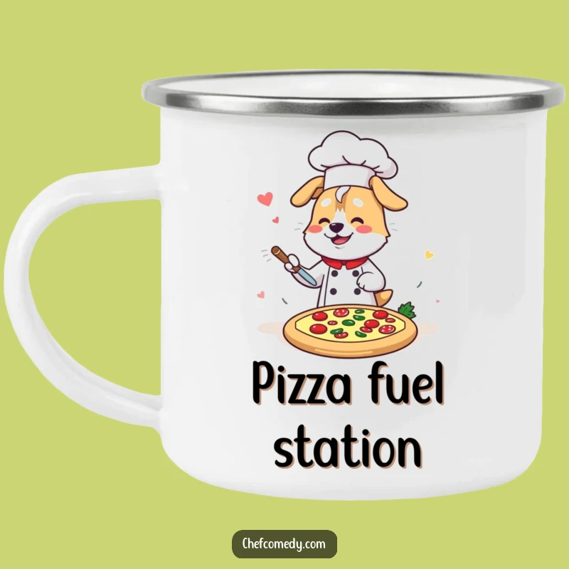 Funny Kawaii Dog Chef Camp Mug: Enjoy Your Coffee with Speedy Pizza Vibes