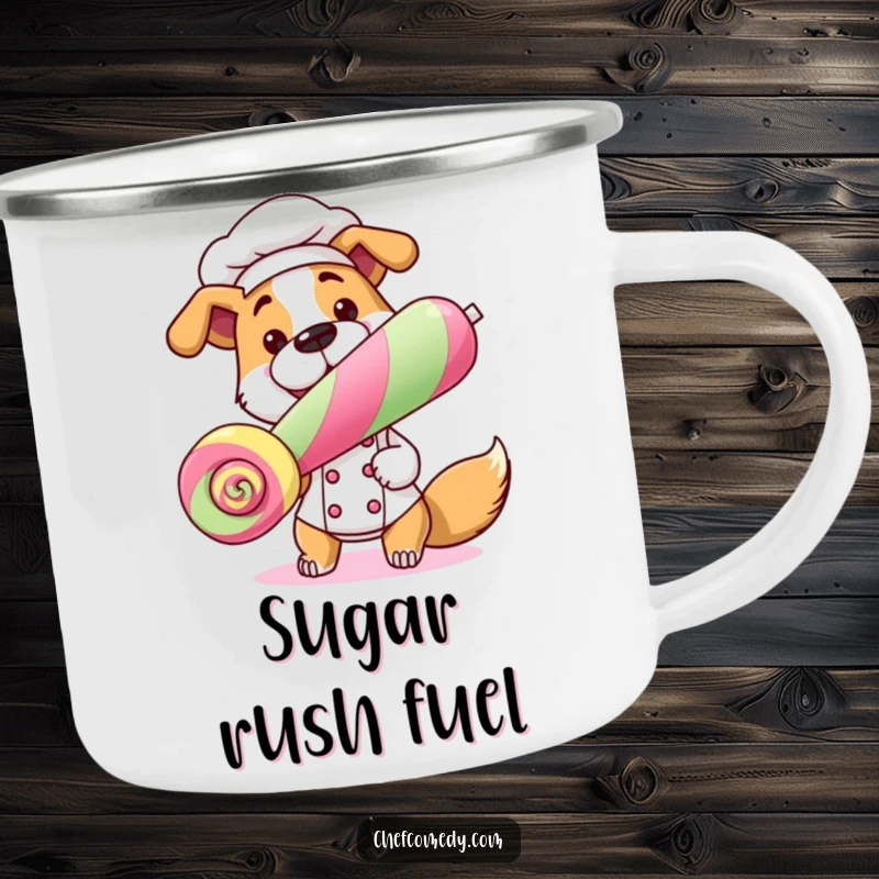 Funny Dog Chef Camping Mug with a dog chef and lollipop, perfect for humorous outdoor adventures.