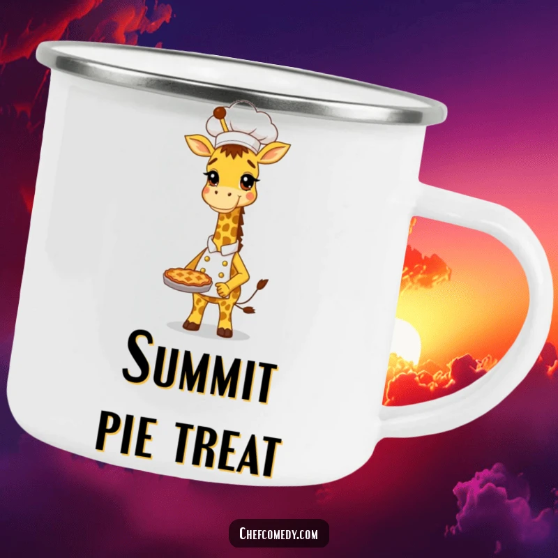 Funny Giraffe Chef Camping Mug: Tall, proud giraffe baker holding a delicious pie, perfect for humorous outdoor sipping.
