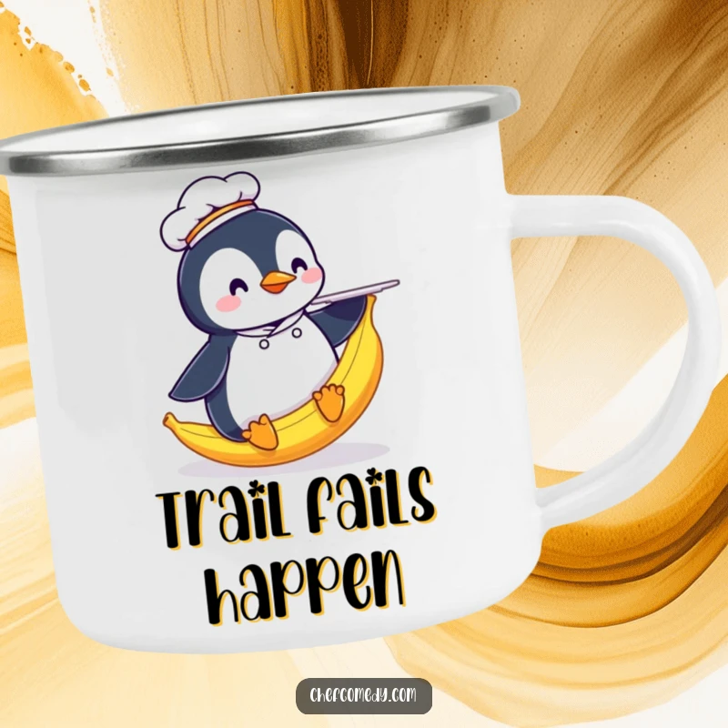 Funny Penguin Chef Camping Mug: A durable mug showing a penguin chef slipping on a banana peel with a plate, ideal for outdoor humor.