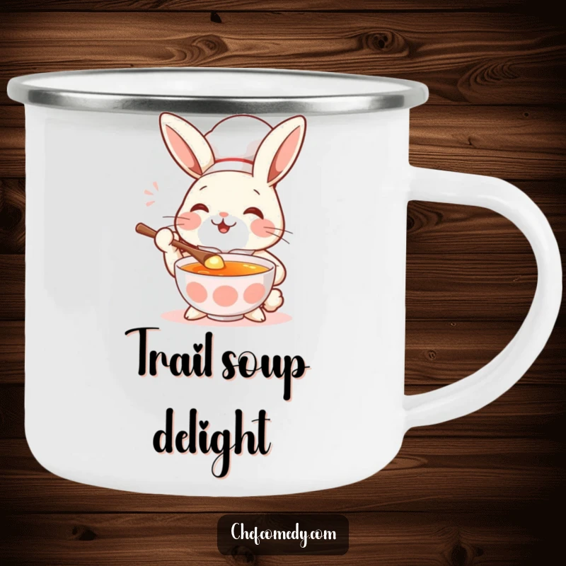 Funny rabbit chef tasting soup with a spoon, eyes closed in delight, a humorous camping mug.
