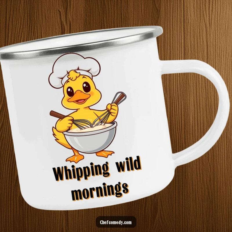 Funny camping mug showing a determined duck chef vigorously whisking a bowl of batter, ideal for outdoor cafes.