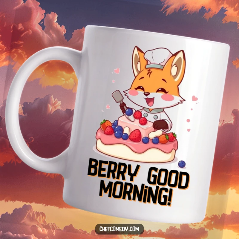 Funny fox chef with berries on a cake, happily decorating, perfect for a humorous baking gift.