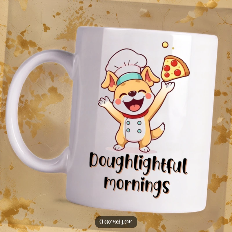 Funny and playful dog chef energetically tossing a pizza dough high into the air with pure excitement and joy.