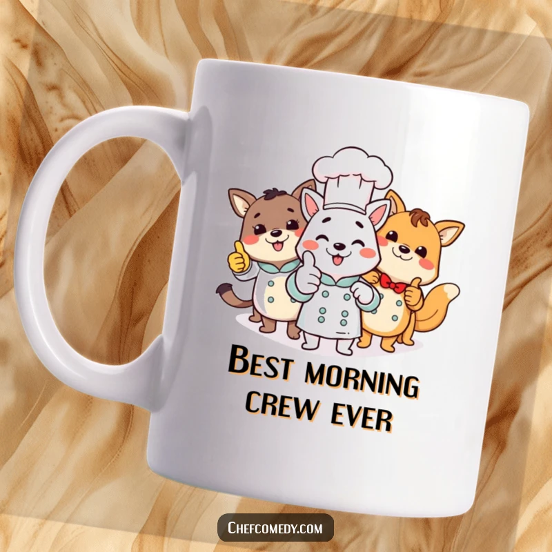 Funny group of diverse animal chefs (bear, frog, rabbit) giving a collective thumbs up, smiling proudly, on a coffee mug.