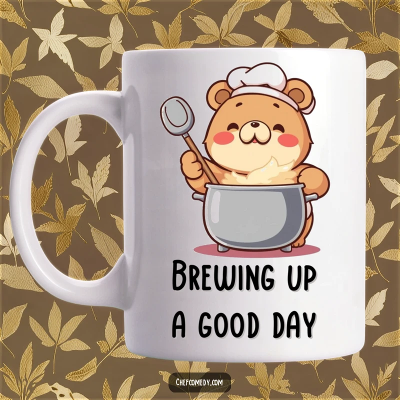 Funny Bear Chef Mug: An enthusiastic bear chef happily stirs a large, bubbling pot with a big spoon.