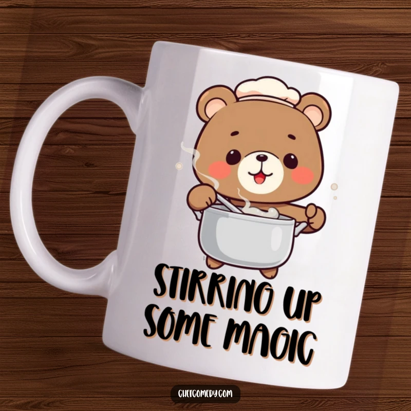 Funny Bear Chef Mug featuring a happy bear enthusiastically stirring a steaming pot, perfect for a humorous kitchen gift.