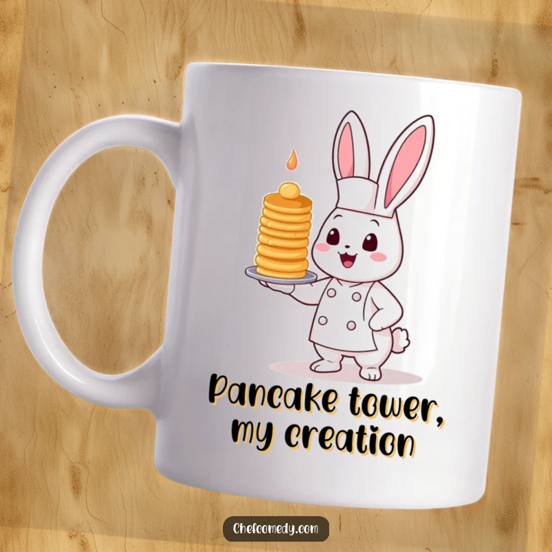 Funny Kawaii Bunny Chef Mug serving a hilariously tall, wobbly stack of pancakes, perfect for breakfast lovers.