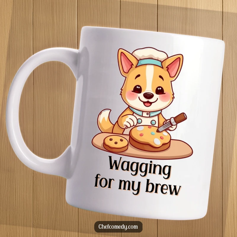 Funny mug featuring a happy dog chef character joyfully decorating a cookie, conveying delight and baking enthusiasm, a great gift.