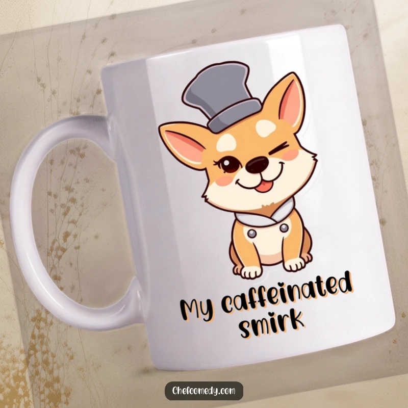 Funny Dog Chef Mug: A dog chef wearing a tall hat winks slyly with a mischievous expression.