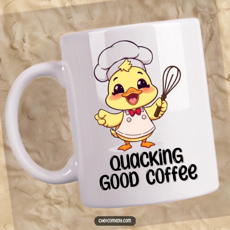 Funny duck chef character in an apron holding a whisk, looking excited, on a coffee mug.