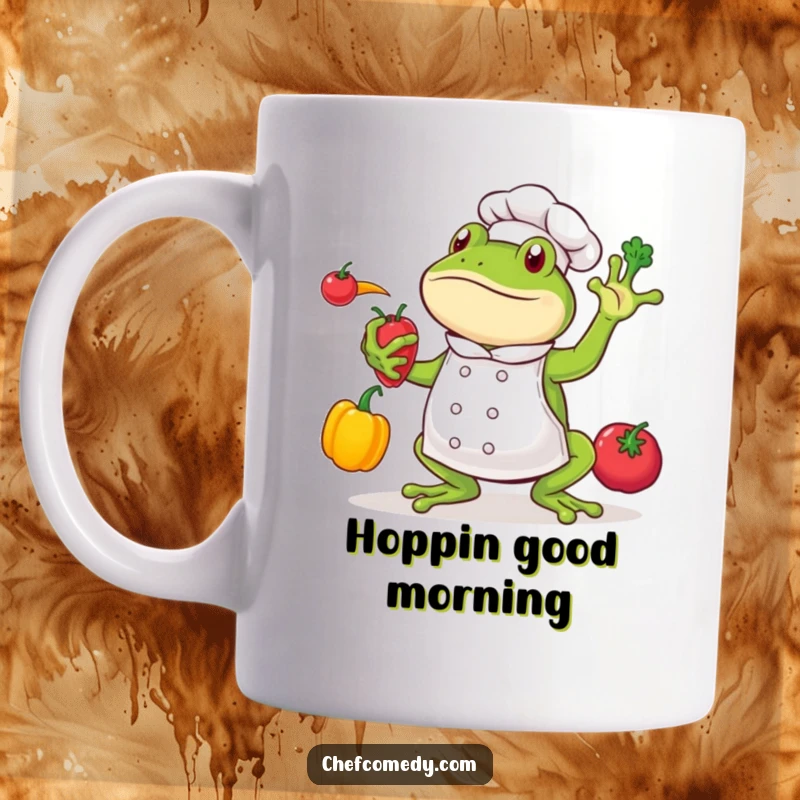Funny frog chef character energetically juggling carrots, peas, and a tomato, wearing a chef hat, on a coffee mug.