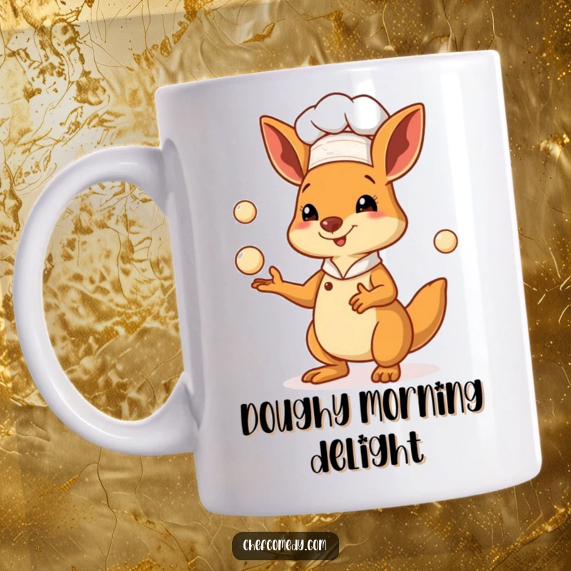 Funny kangaroo chef mug showing a skilled marsupial baker expertly juggling small pastry dough balls with a smile.