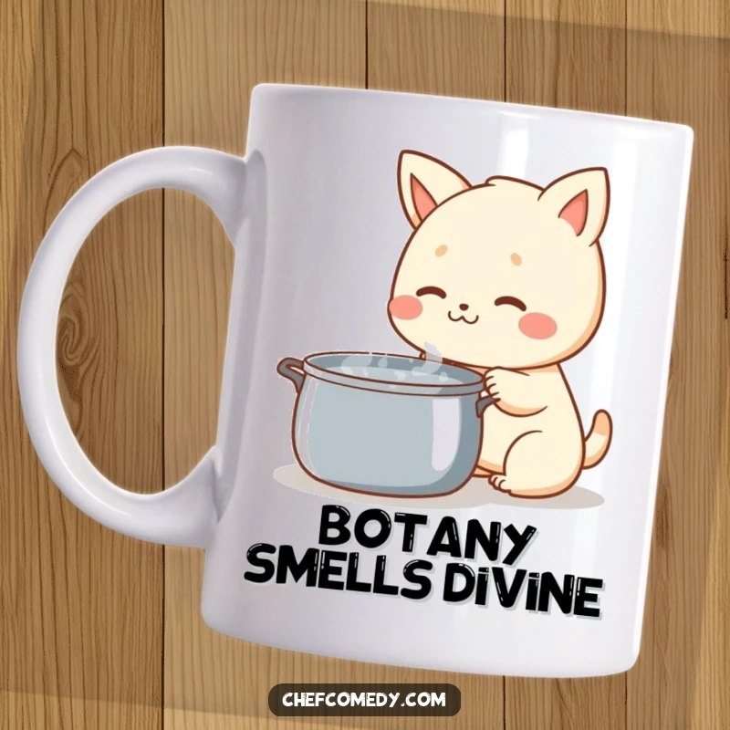 Funny Kawaii Animal Mug, curiously sniffing a steaming pot with a happy expression, perfect for foodies and laughter lovers.