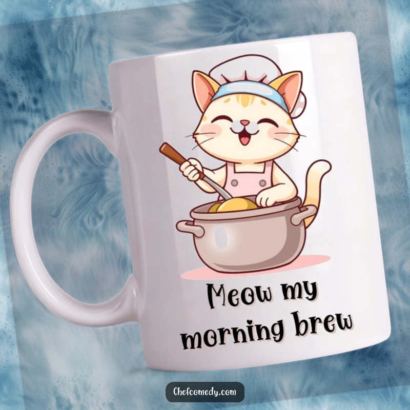 Funny Kawaii Cat Chef Mug: A cute cat wearing a chef hat and apron happily stirs a giant pot. Adorable and humorous kitchen scene.