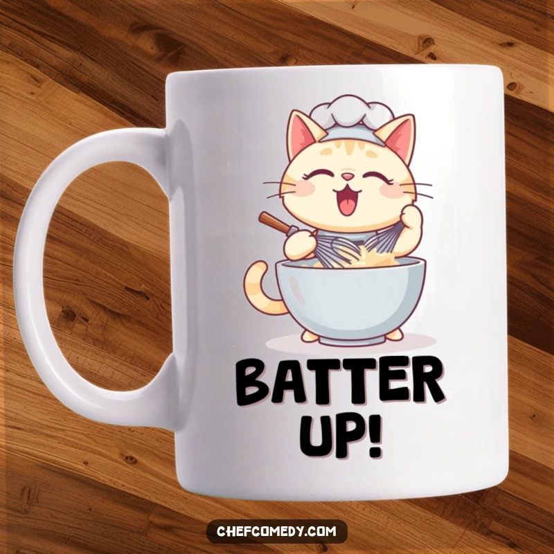 Funny kawaii cat chef mug graphic of an energetic feline expertly whisking a large bowl of batter with a happy expression.