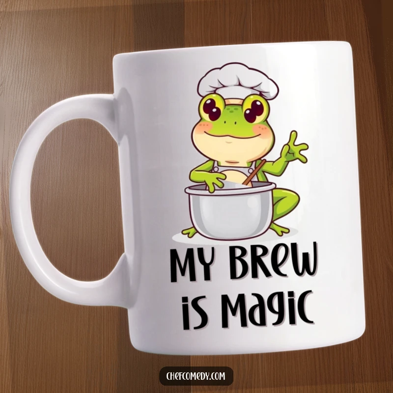 Funny Kawaii Frog Chef Mug: A happy, green frog enthusiastically stirs a cooking pot, embodying culinary joy and a love for food.