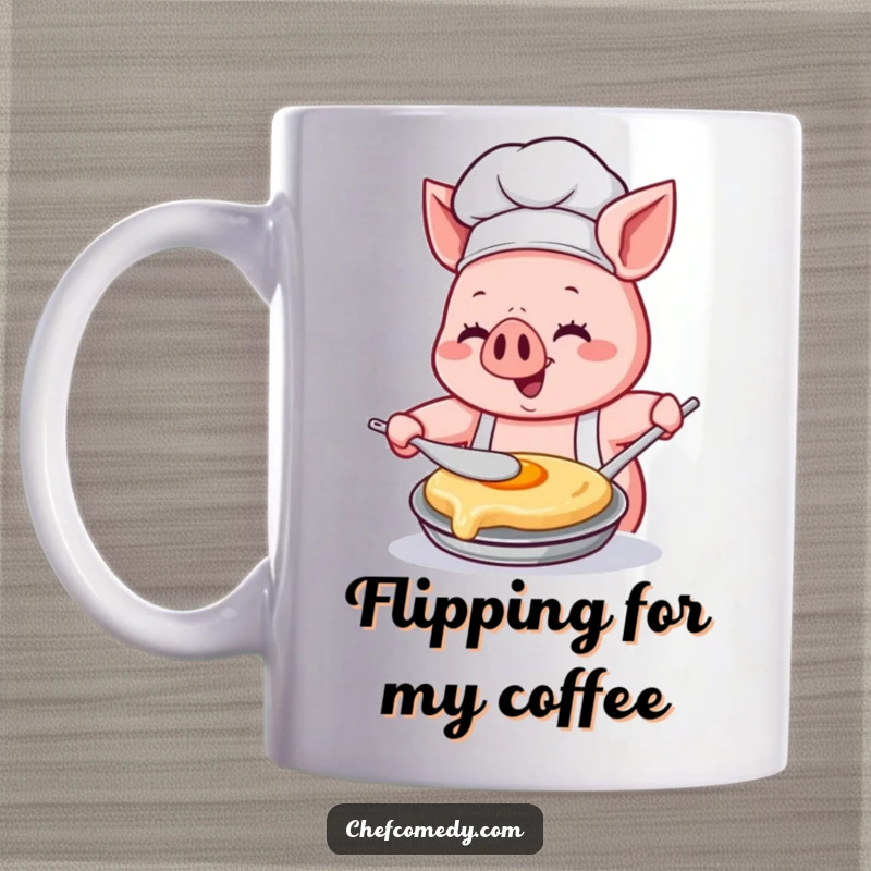 Funny Kawaii pig chef character, happily flipping a pancake with intense concentration and pure glee in a kitchen setting.