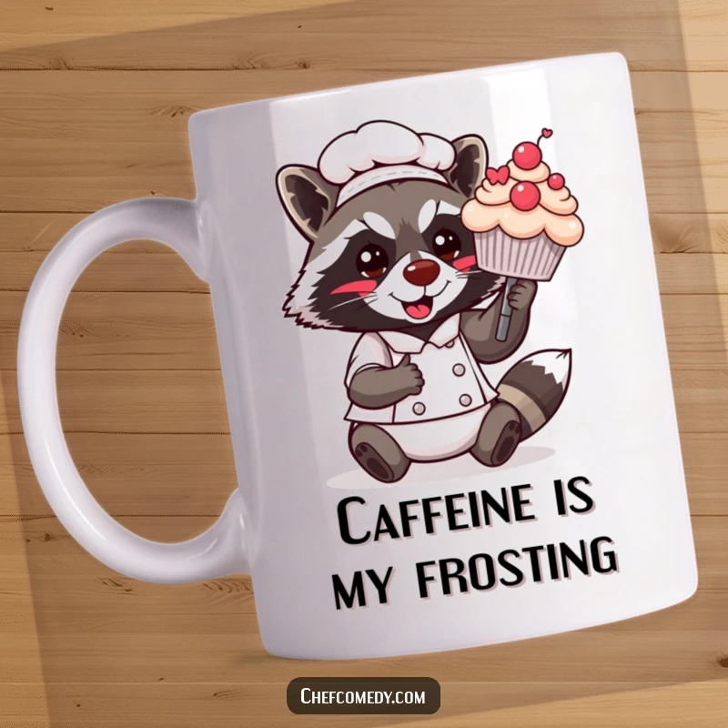 Funny Kawaii Raccoon Chef Mug: A cute raccoon chef proudly presents a large, decorated cupcake with a flourish, embodying baking joy.