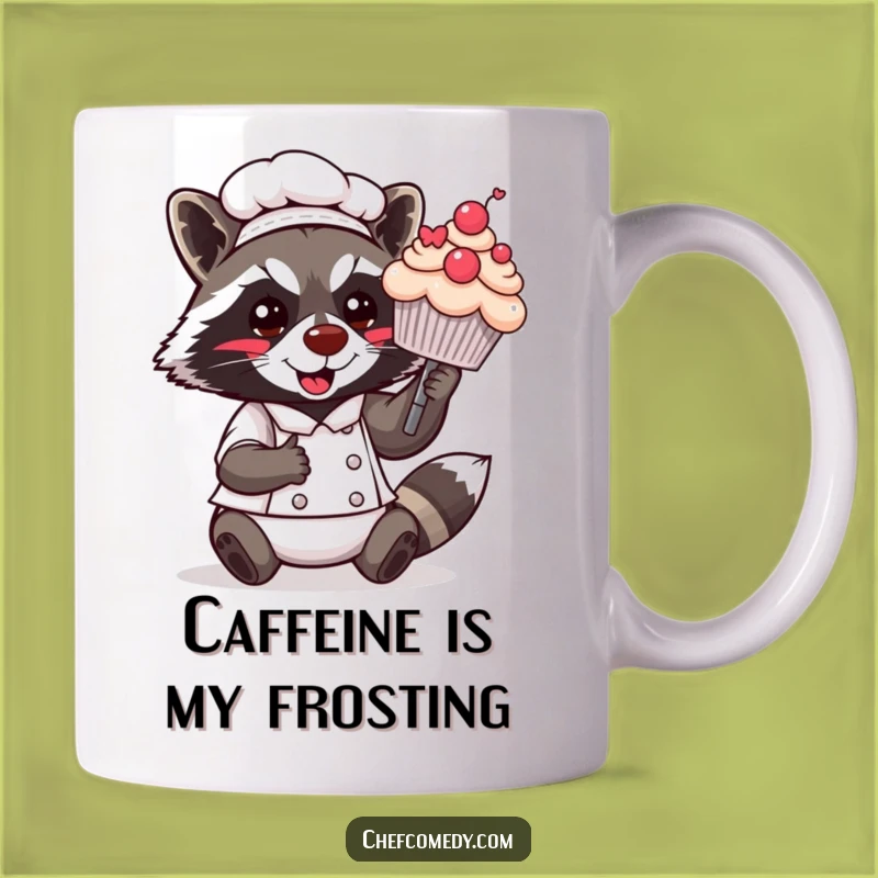 Funny Kawaii Raccoon Chef Mug: Delightful Cupcake Presentation, Perfect Humorous Gift!