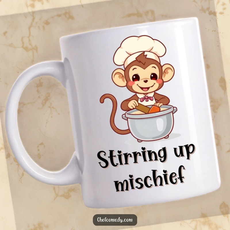 Funny Monkey Chef Mug: A mischievous monkey wearing a chef hat, playfully stirring a bubbling pot with a grin.