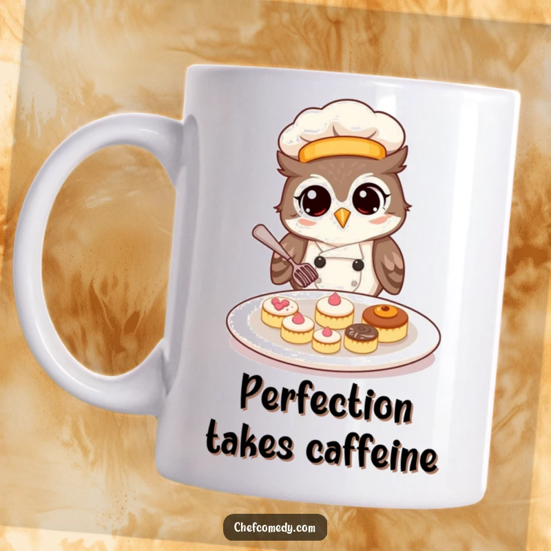 Funny owl chef carefully placing tiny pastries on a plate, a detailed and humorous scene for a mug.