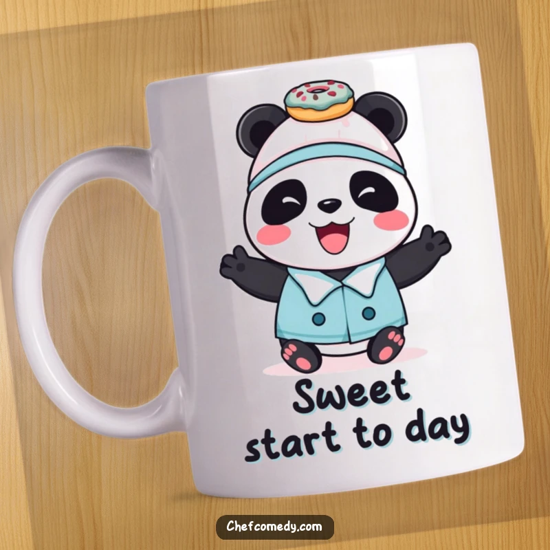 Funny panda chef character balancing colorful donuts on its head, featured on a coffee mug.