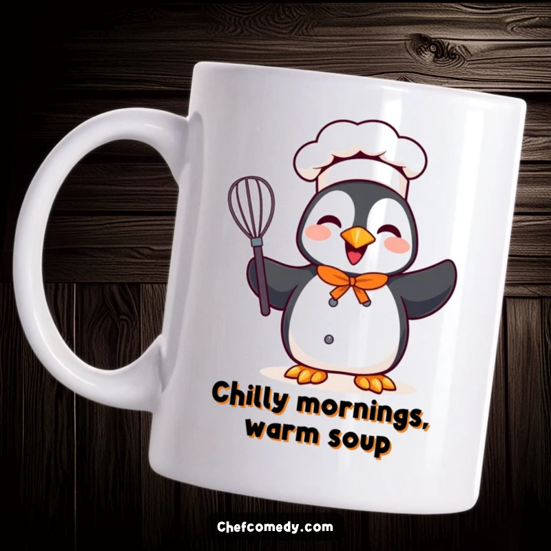 Funny mug showing a happy penguin chef character cheerfully holding a whisk, ready for culinary creations.