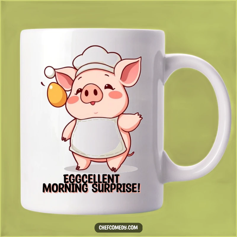 Funny Pig Chef Mug: Surprised Kawaii Pig with Flying Egg - Breakfast Gag Gift