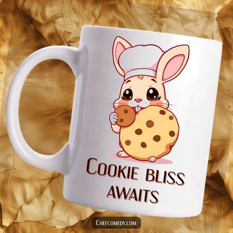 Funny Rabbit Chef Mug: A rabbit chef with wide eyes happily tastes a giant cookie, capturing pure culinary delight.