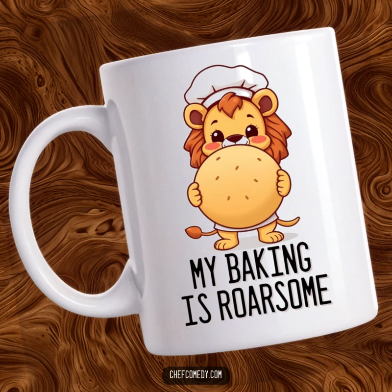 Funny lion chef character proudly holding a large, round bread loaf with a proud expression, perfect for baker gifts.