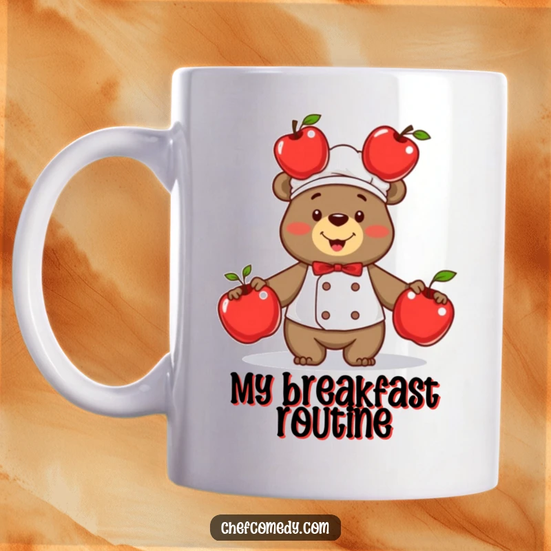 Funny bear chef proudly juggling three shiny red apples with immense glee, a delightful and comedic kitchen scene.