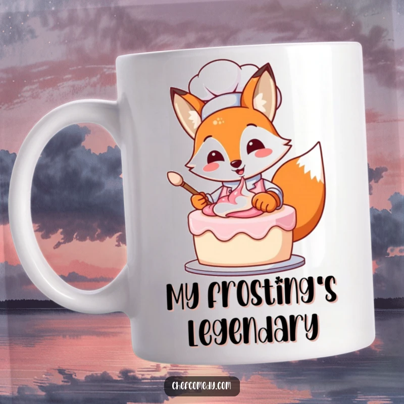 Funny fox chef vigorously frosting a colorful cake, a delightful and humorous scene for a baking enthusiast's mug.