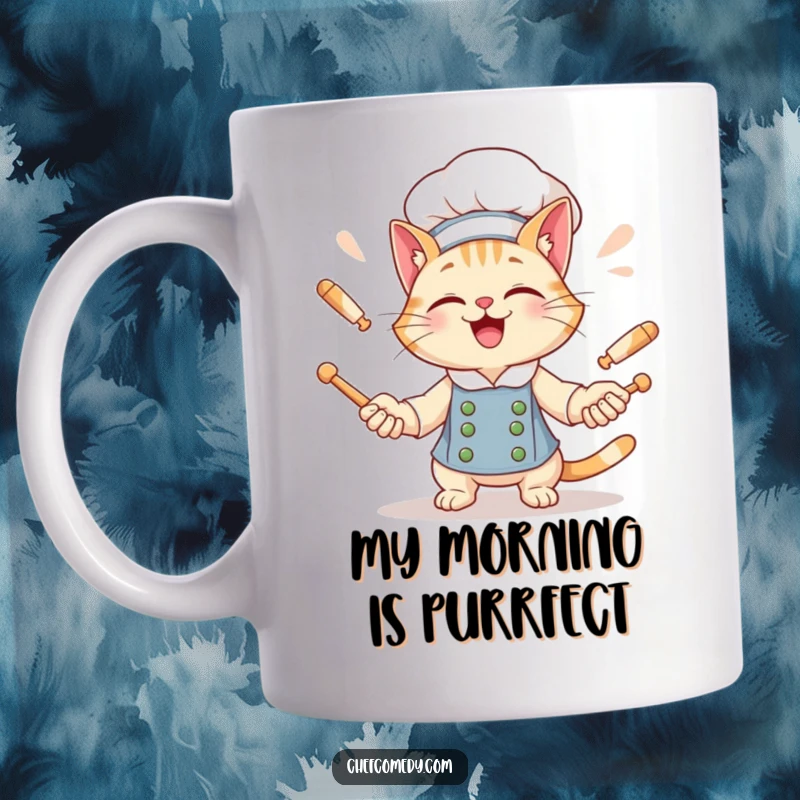 Funny Cat Chef Mug: A giggling cat chef with a wide grin playfully juggles two rolling pins, looking mischievous.