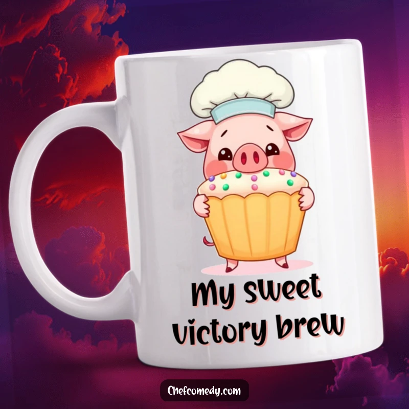Funny Pig Chef Mug: A happy pig chef proudly holds up a huge, beautifully decorated cupcake, bringing joy and humor.