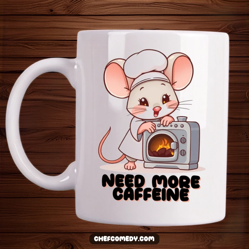 Funny mouse chef character fanning a tiny oven with great effort, wearing a chef hat, perfect for kitchen lovers.