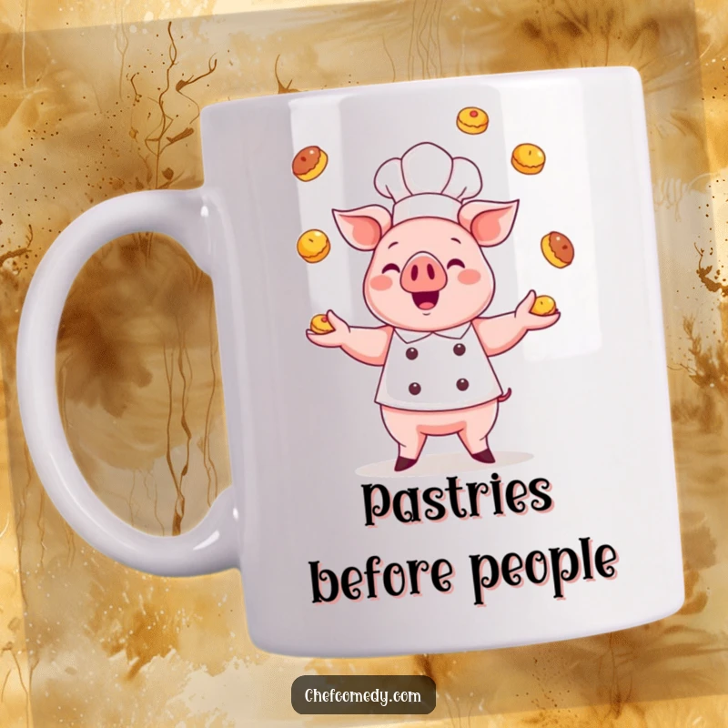 Funny kawaii pig chef mug, a cute pig in a chef's hat gleefully juggling small, delicious-looking pastries with a happy expression.