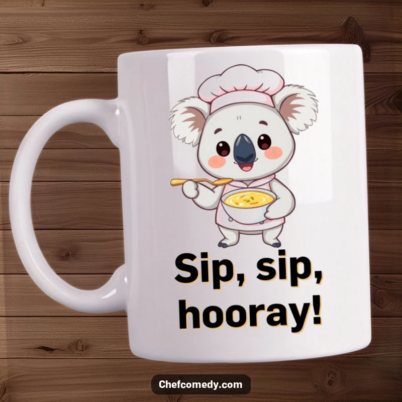 Funny Koala Chef Mug: A smiling koala in a chef hat offers a tiny spoonful of soup, exuding warmth and humor.